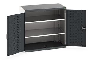 Heavy Duty Bott cubio cupboard with perfo panel lined hinged doors. 1050mm wide x 650mm deep x 1000mm high with 2 x100kg capacity shelves.... Bott Tool Storage Cupboards for workshops with Shelves and or Perfo Doors